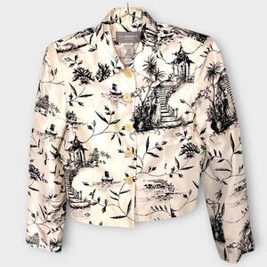 Liz Claiborne Jacket Womens sz 8 Cream‎ Black Silk Vintage Village Asian Print